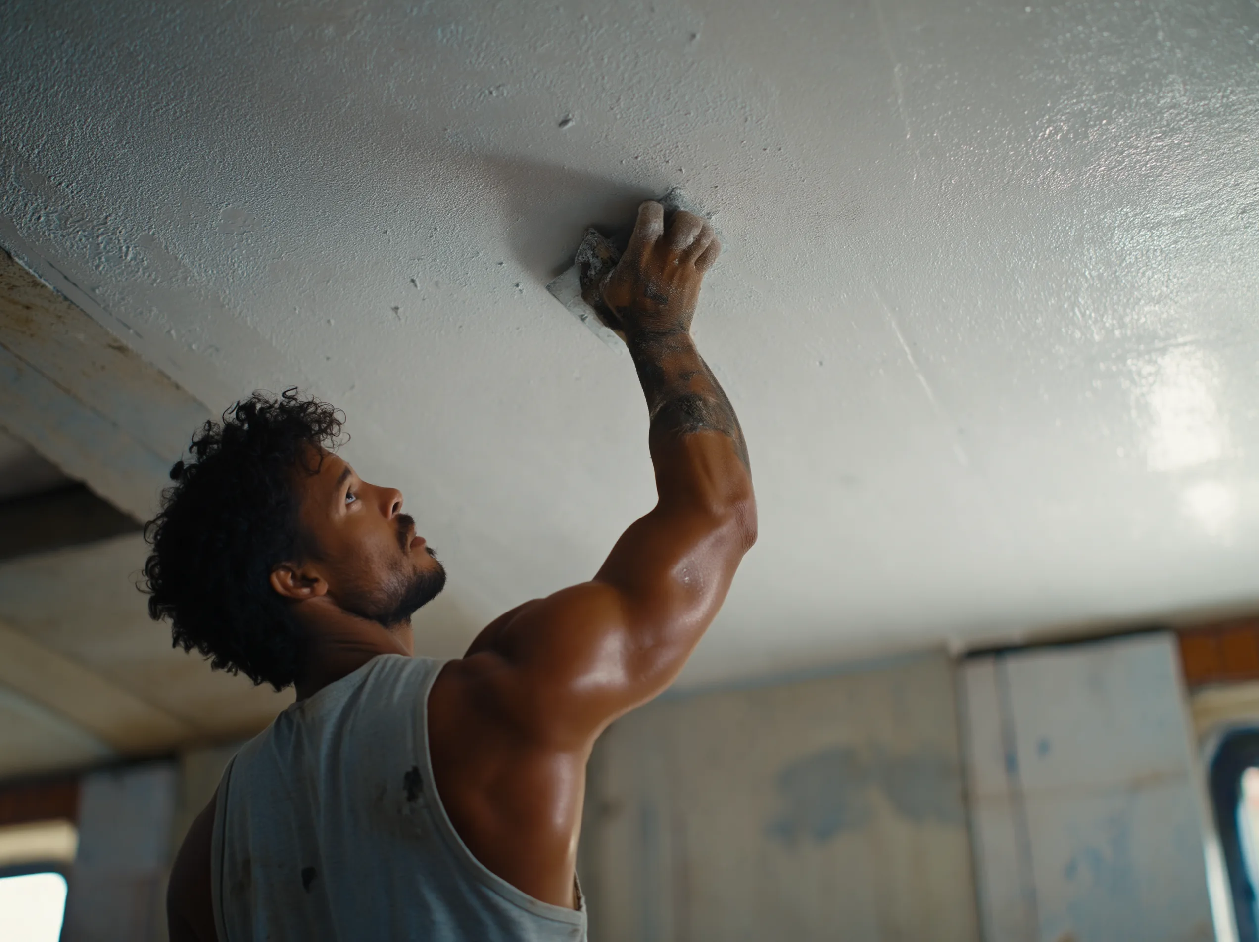 Stukadoor brengt glad stucwerk aan op een plafond